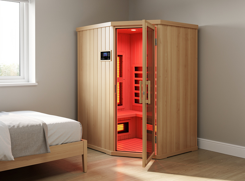 Home infrared sauna installed in a spare bedroom corner with wooden cabin design