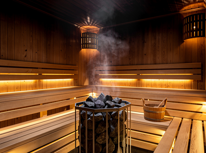 Traditional Finnish sauna interior with hot stones and wooden benches