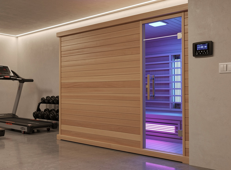Modern home installation of large family infrared sauna cabin with multiple bench seats and ambient lighting
