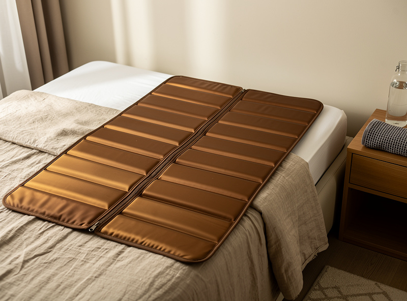 Bronze-colored infrared sauna blanket unrolled flat across a queen bed in a bedroom