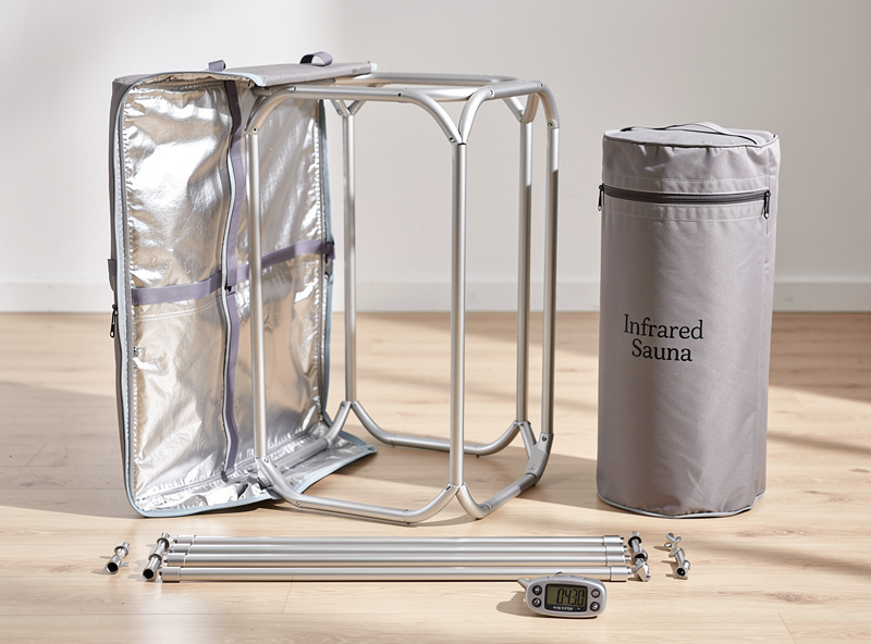 Fold-up hexagonal infrared sauna box partially assembled showing frame and silver-lined fabric panel