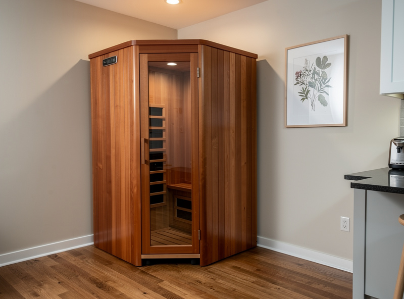 33-inch compact cedar one-person infrared sauna cabinet positioned in the corner of a one-bedroom apartment