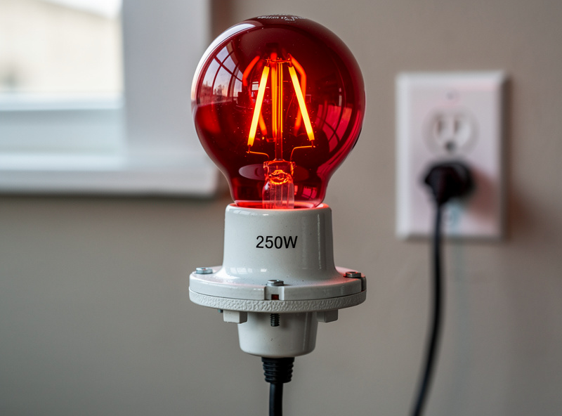 Close-up of 250W near-infrared incandescent bulb in ceramic socket fixture with warm red glow