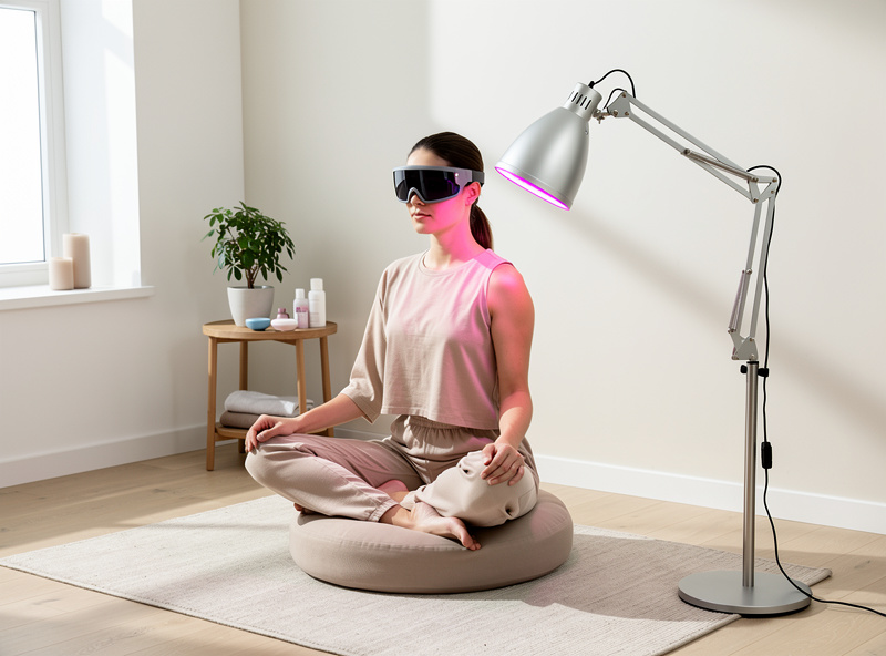 Person seated on meditation cushion with near-infrared lamp on stand for shoulder therapy, wearing safety goggles