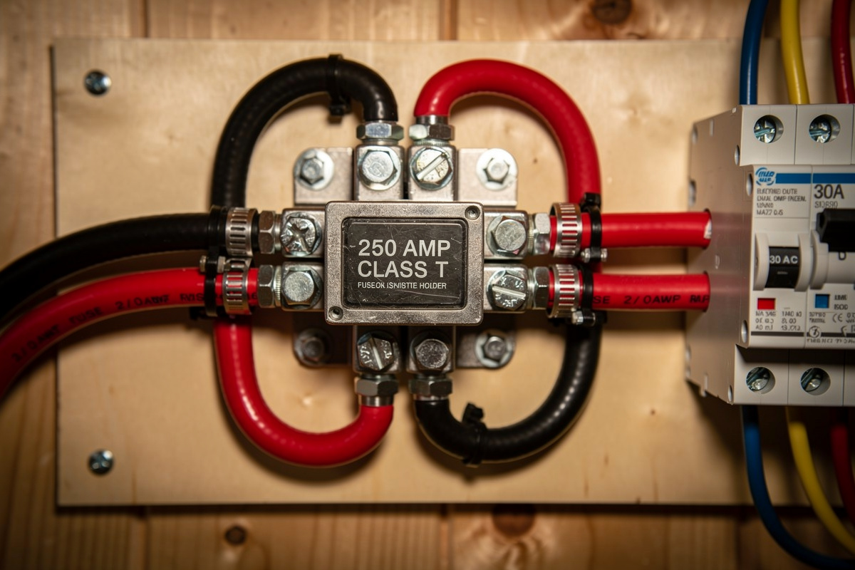 Class T fuse and 2/0 AWG cabling between battery and inverter for sauna installation