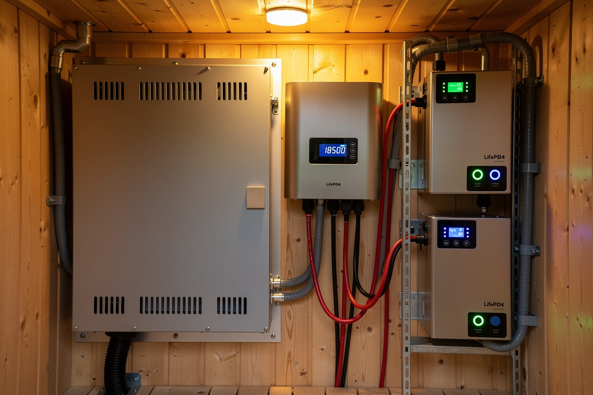 3000W pure-sine inverter and stacked LiFePO4 batteries powering an outdoor sauna