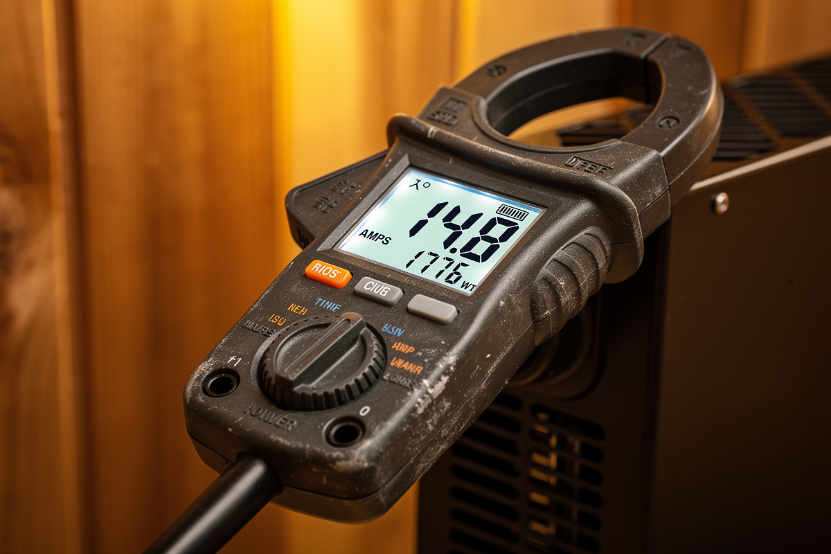 Clamp meter measuring 14.8 amps and 1776 watts on infrared sauna power cable