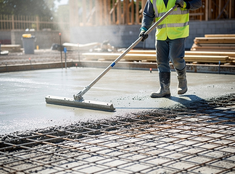 Concrete slab with rebar grid being floated smooth during sauna foundation pour