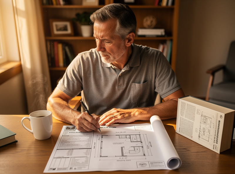 Homeowner reviewing a building permit application with sauna pad blueprint