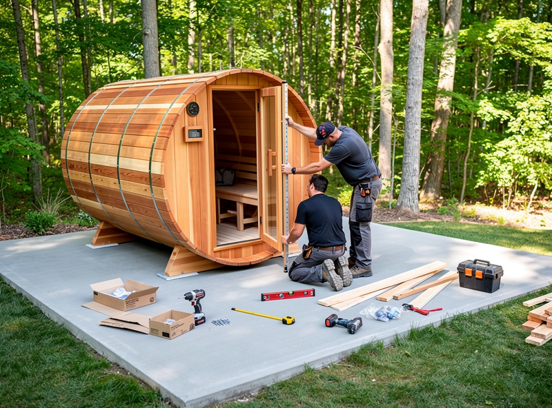 Outdoor infrared sauna being installed on a concrete pad