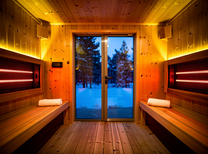 Interior of outdoor cedar infrared sauna at twilight with warm carbon heaters glowing