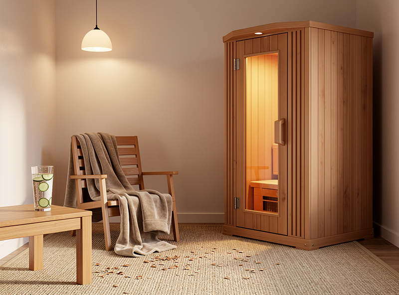 Dedicated home wellness room with a one-person cedar infrared sauna cool-down chair and a glass of cucumber water