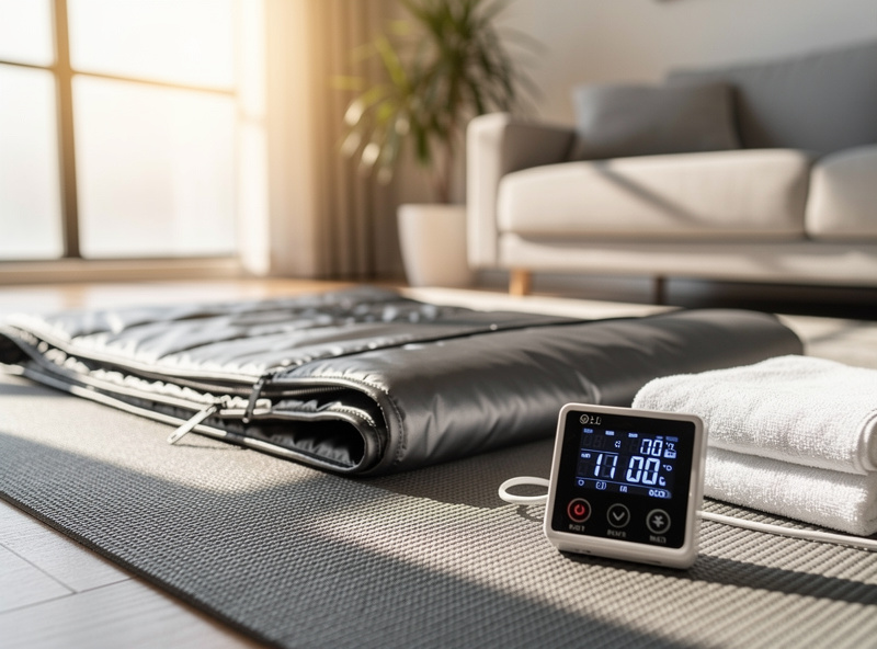 Infrared sauna blanket fully unrolled on yoga mat with controller showing temperature display