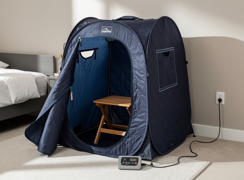 Pop-up portable infrared sauna tent assembled in a small bedroom with included stool