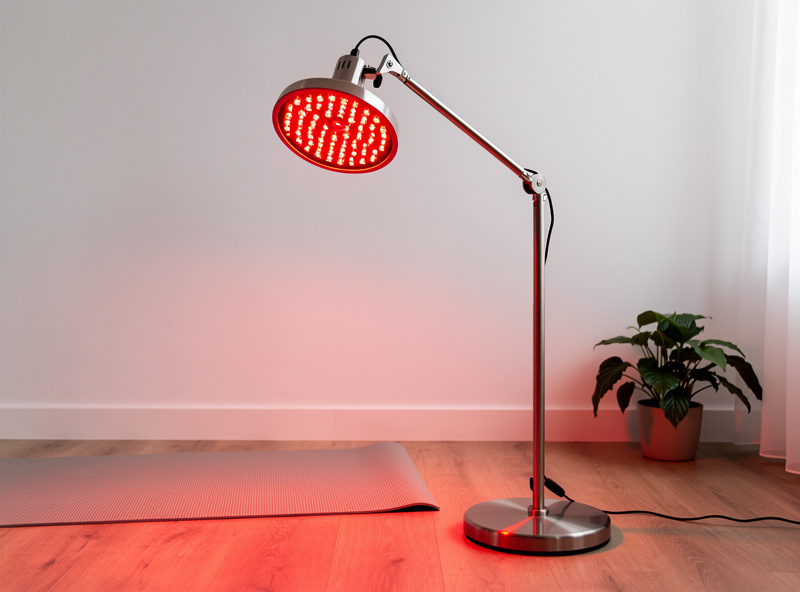 Near-infrared red light therapy lamp on adjustable stand in a minimalist home wellness corner