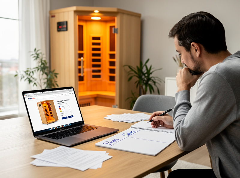 Person evaluating infrared sauna benefits and risks in modern home