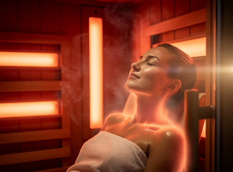 Infrared sauna warm red glow showing therapeutic benefits