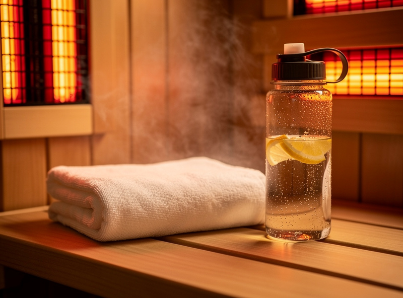 Water bottle and towel preparation for safe infrared sauna use