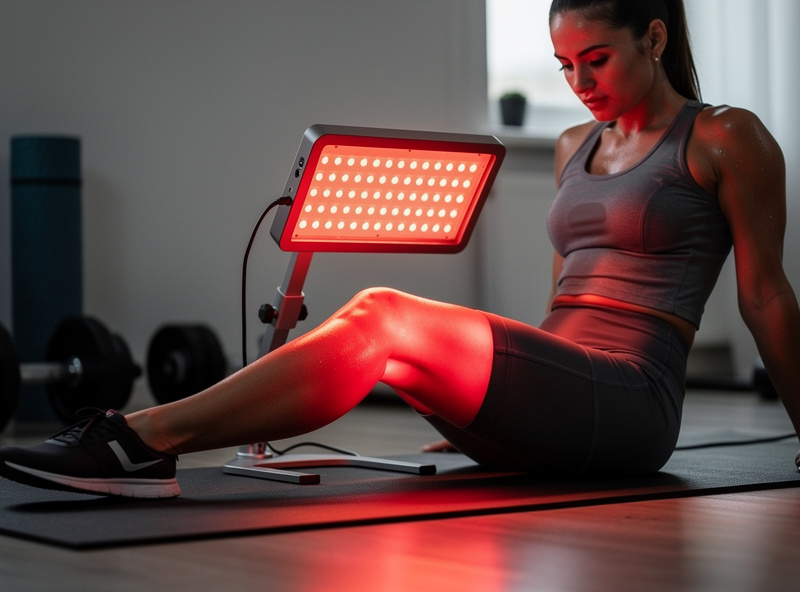 Athlete with red light therapy panel positioned over knee joint during recovery session