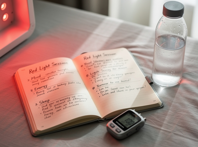 Wellness journal with red light therapy session notes, stopwatch, and water bottle