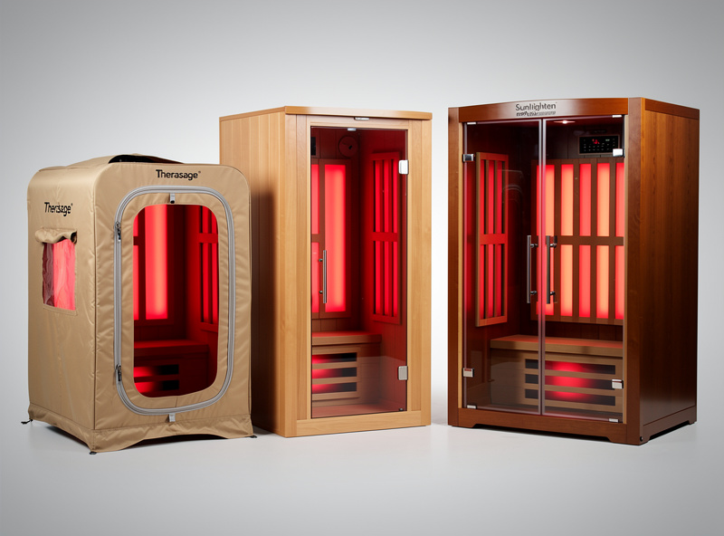 Three home red light sauna cabins side by side: 1-person, 2-person, and premium 3-person
