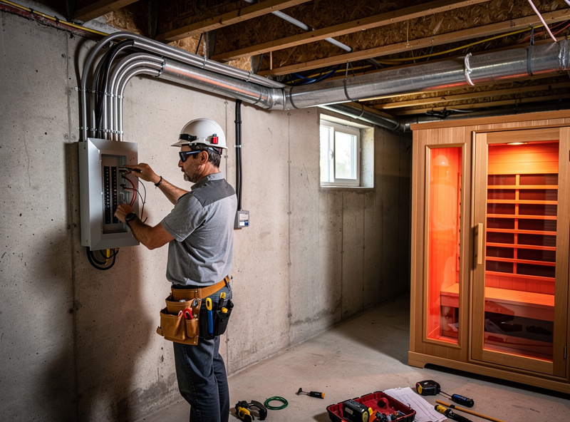 Electrician installing dedicated 240V circuit panel for home red light sauna