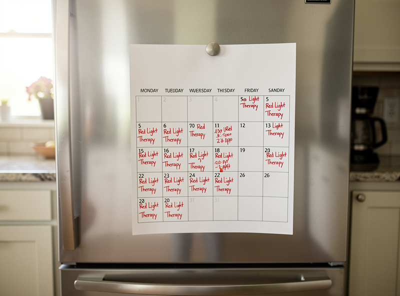 Printable weekly calendar pinned to refrigerator with red light therapy session times marked Monday through Sunday