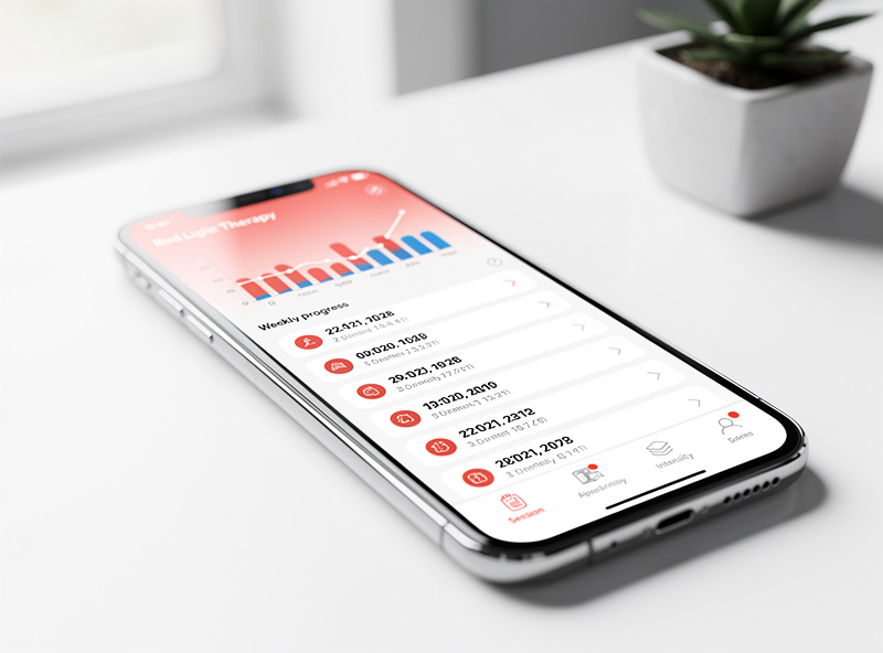 Smartphone showing wellness tracker app with red light therapy session log and weekly progress graph