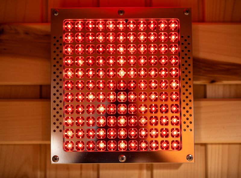 LED red light therapy panel matrix mounted on sauna cabin wall showing 660nm red and 850nm near-infrared LEDs