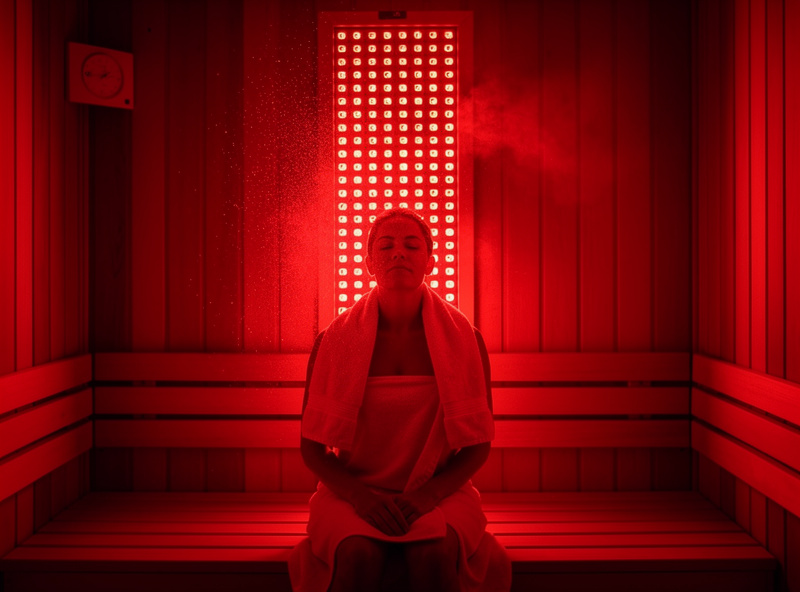Person seated inside sauna cabin bathed in red light therapy glow with relaxed posture