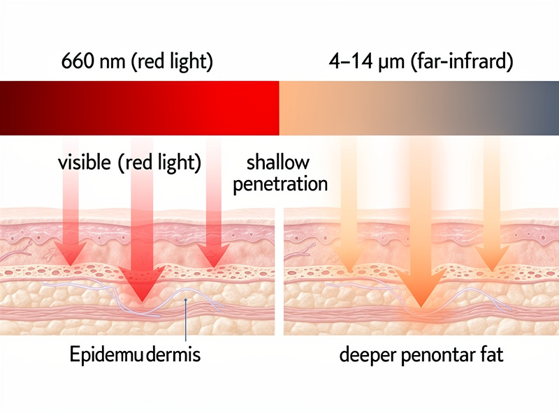 Wavelength spectrum diagram showing red 660nm visible light vs far-infrared 4-14 microns penetration depths