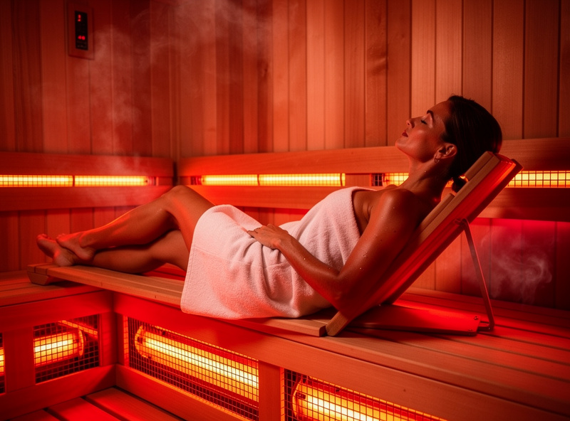 Infrared sauna therapy session with red light panels illuminating wooden cabin interior