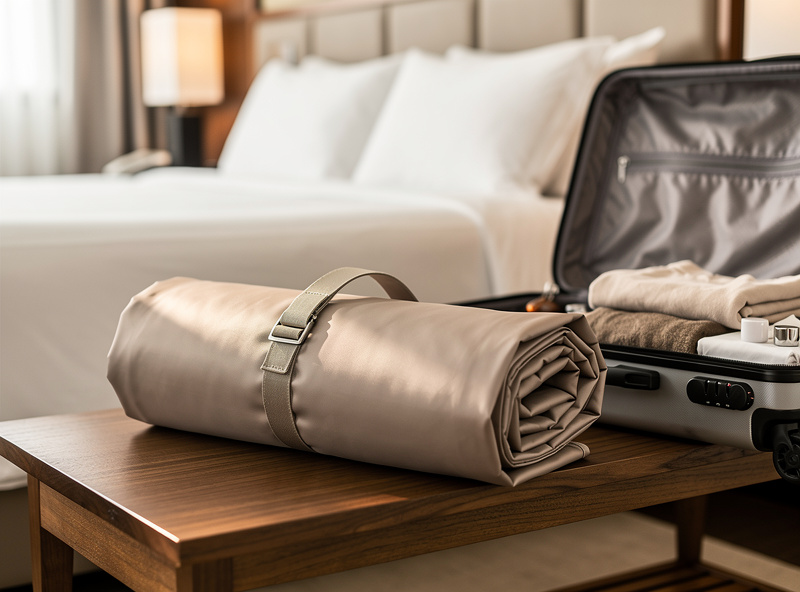 Rolled infrared sauna blanket next to open suitcase ready for travel