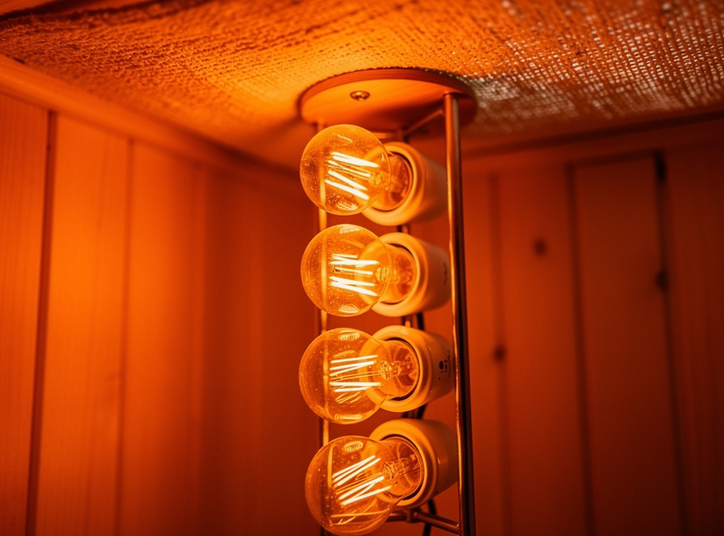 Close-up of four-bulb near-infrared tower inside a sauna box with warm orange glow