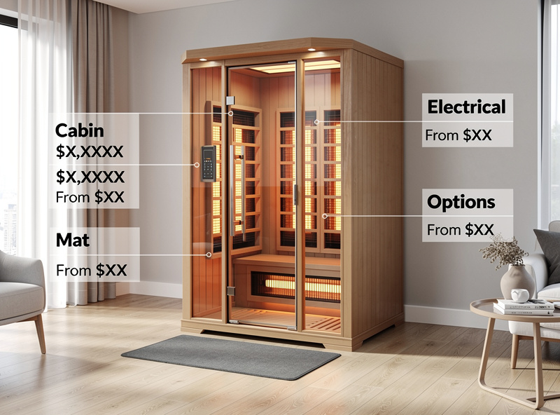 Home infrared sauna with cost breakdown labels showing cabin, electrical, mat, options