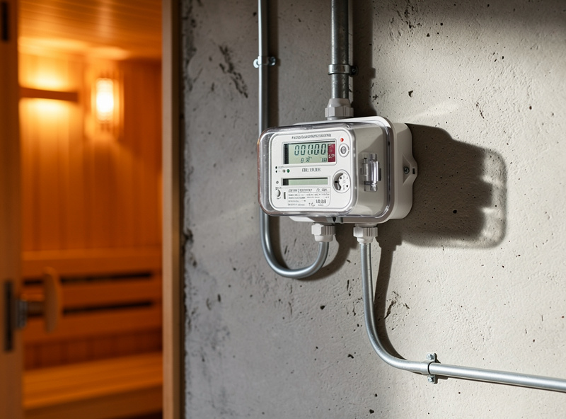 Digital electricity meter showing power draw with home infrared sauna in background
