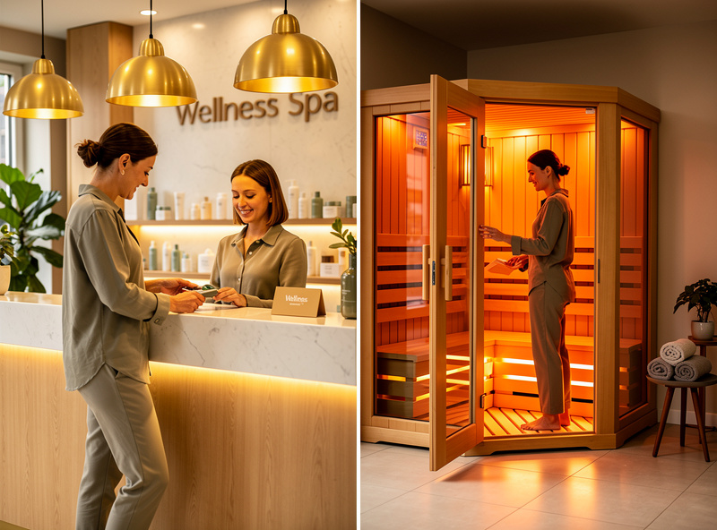 Side-by-side comparison of person paying at wellness spa front desk and walking into home sauna