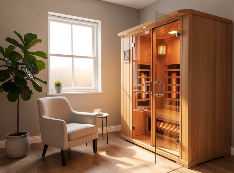 Two-person infrared sauna in a converted spare bedroom with morning light