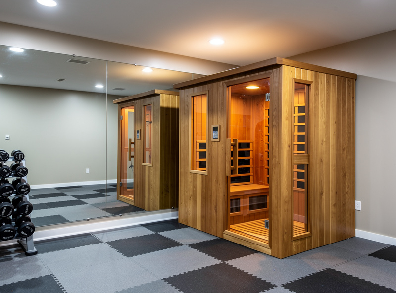 Three-person home infrared sauna in finished basement gym corner with mirrored wall