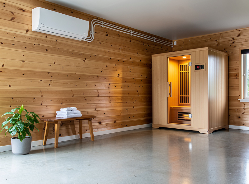 Insulated garage with infrared sauna and mini-split HVAC unit