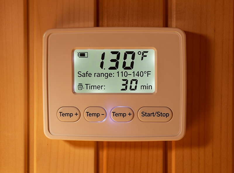 Infrared sauna temperature control panel showing safe operating range