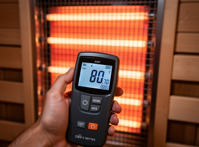 EMF meter testing electromagnetic field levels on infrared sauna heater