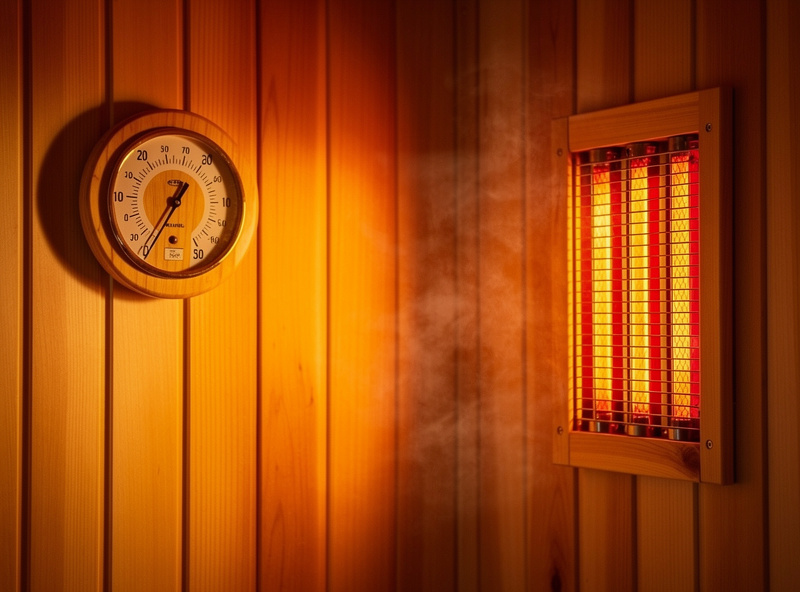 Infrared heater glowing in cedar sauna
