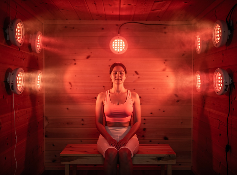 Person seated inside cedar cabin sauna with multiple incandescent NIR bulbs glowing warm red around them