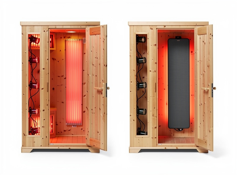 Comparison view of NIR-only sauna interior with multiple incandescent bulbs versus traditional carbon FIR heater panel sauna
