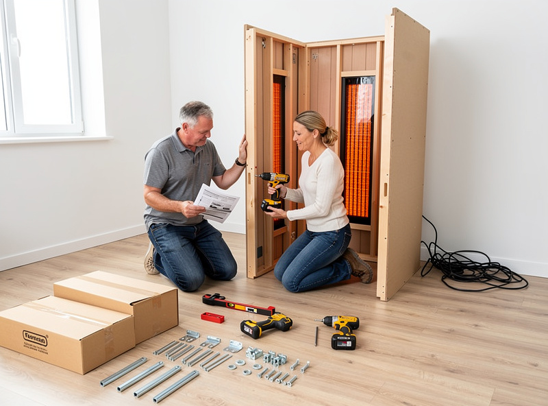 Two people assembling infrared sauna panels in a home spare room