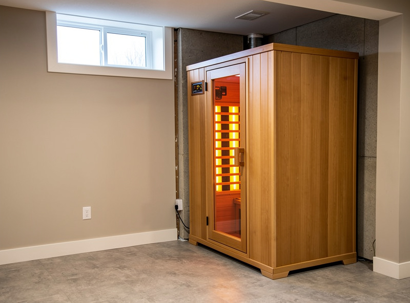 Completed home infrared sauna installation in basement corner with ventilation space