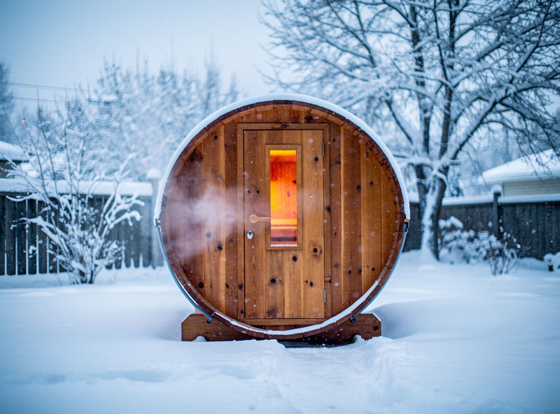 Sun Home Equinox style outdoor infrared sauna with weatherproof cedar exterior in modern backyard setting