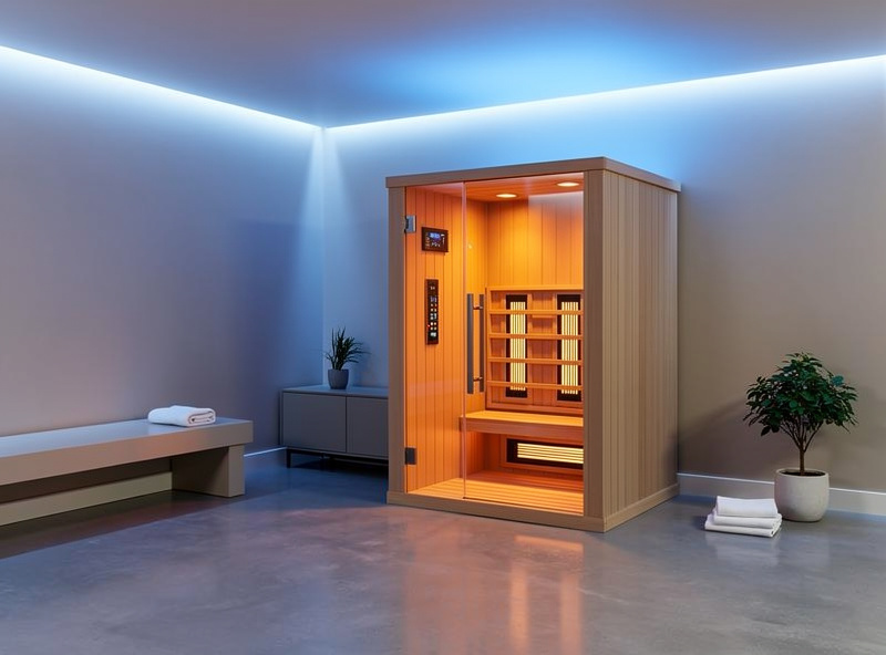 Modern minimalist infrared sauna cabin in a contemporary home wellness room with chromotherapy ambient lighting