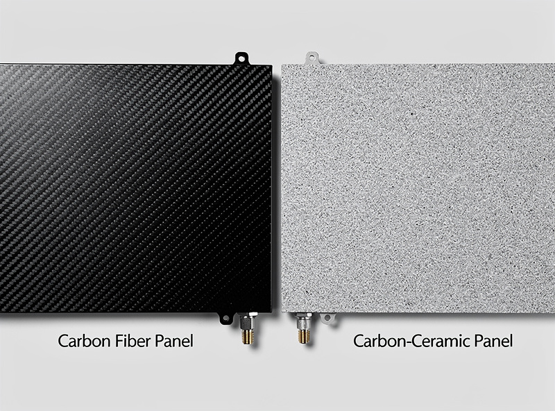 Comparison view of pure carbon fiber heater panel and hybrid carbon-ceramic heater panel inside premium sauna cabins